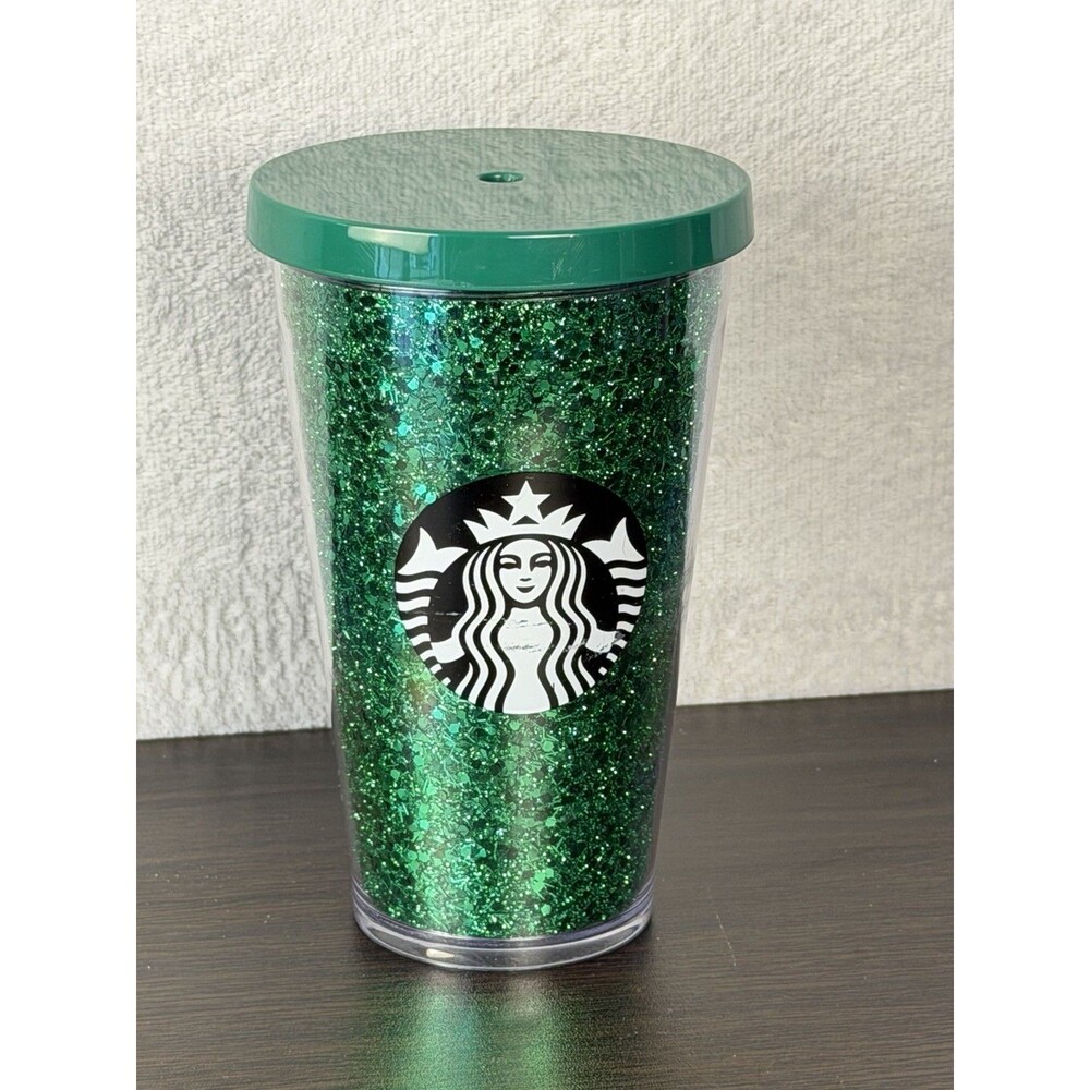 Starbucks Green Glitter Sparkle Tumbler 16oz Grande 2018 NO STRAW Cold Cup